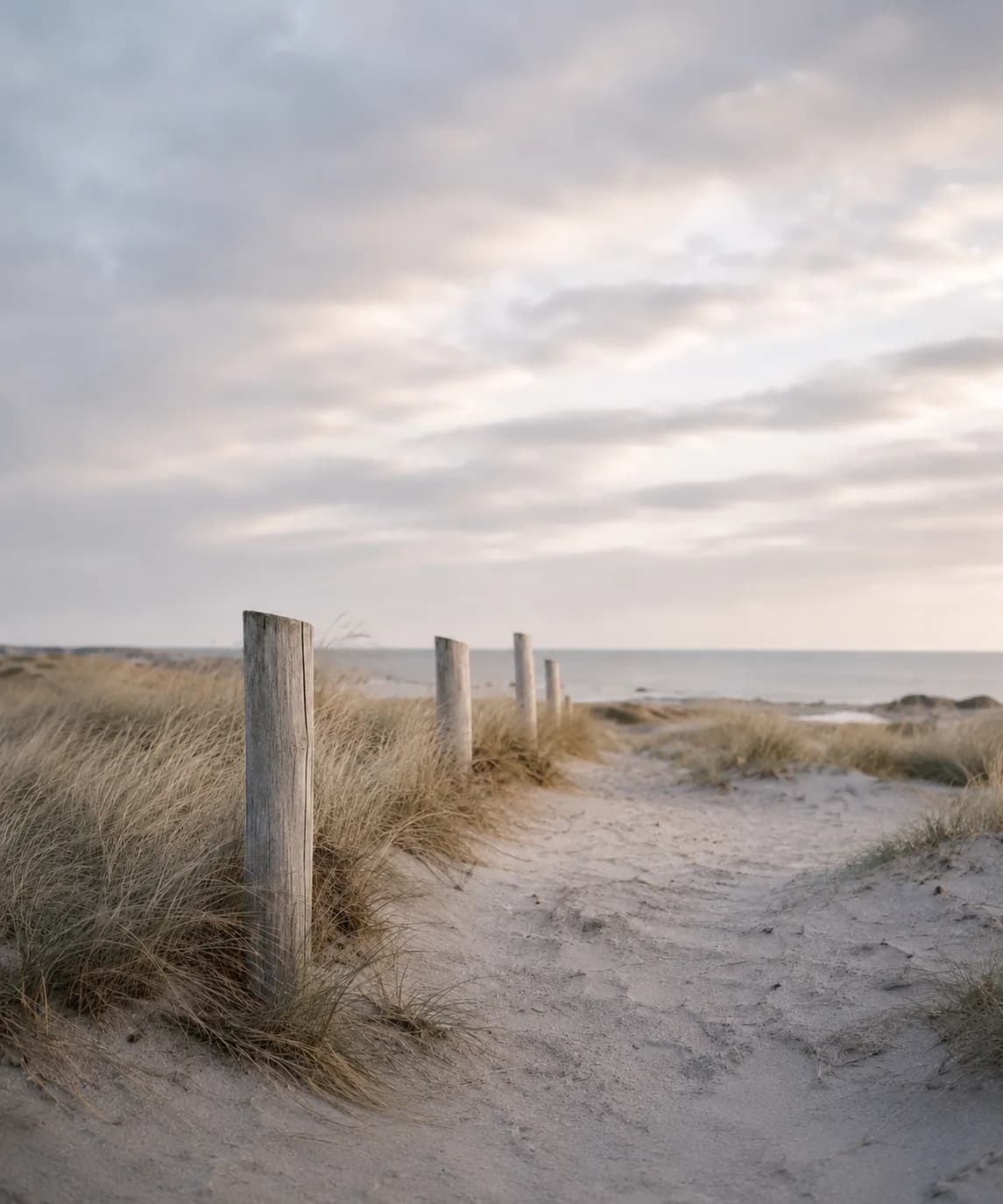 Sandsti mellom gress og stolper ved havet